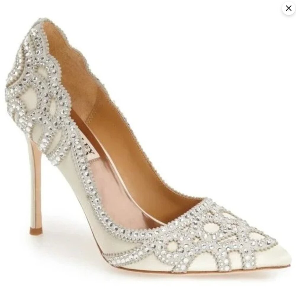 Badgley Mischka Womens Rouge Ivory Satin Jewel Embellished Point Toe Heels 8.5